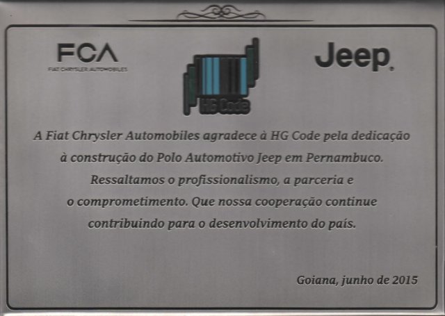 HG Code Recebe Placa da Fiat Chrysler Automobile (Grupo Stellantis) como reconhecimento aos trabalhos e serviços realizados na Planta em Pernambuco